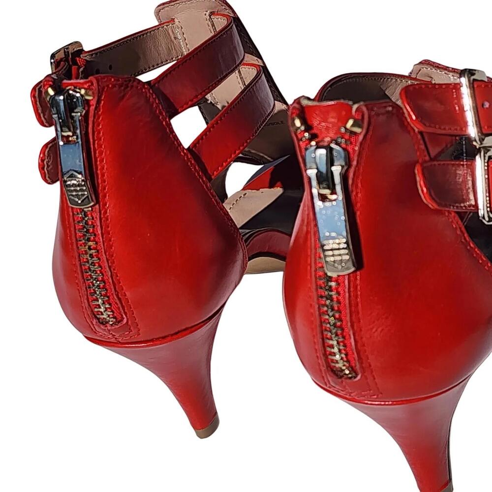 Vince Camuto. Y2K, Red Leather T-Strap Sandals with Metal Studs | Size: 6.5 - Picture 8 of 9